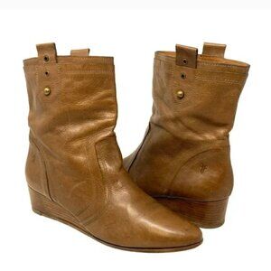 Frye Sunny Brown Leather Pull On Almond Toe Wedge Ankle Boots - Size 9